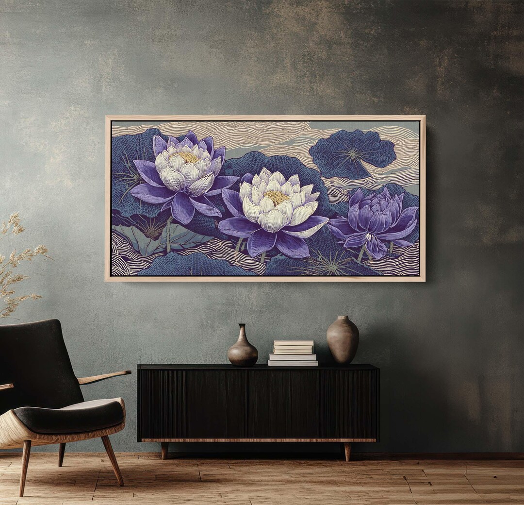 Purple Lotus Flower Canvas Print, Stylized Water Lily Art, Japanese ...