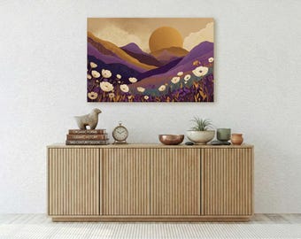 Vintage Style Purple Hill Sunset White Poppy Canvas Print