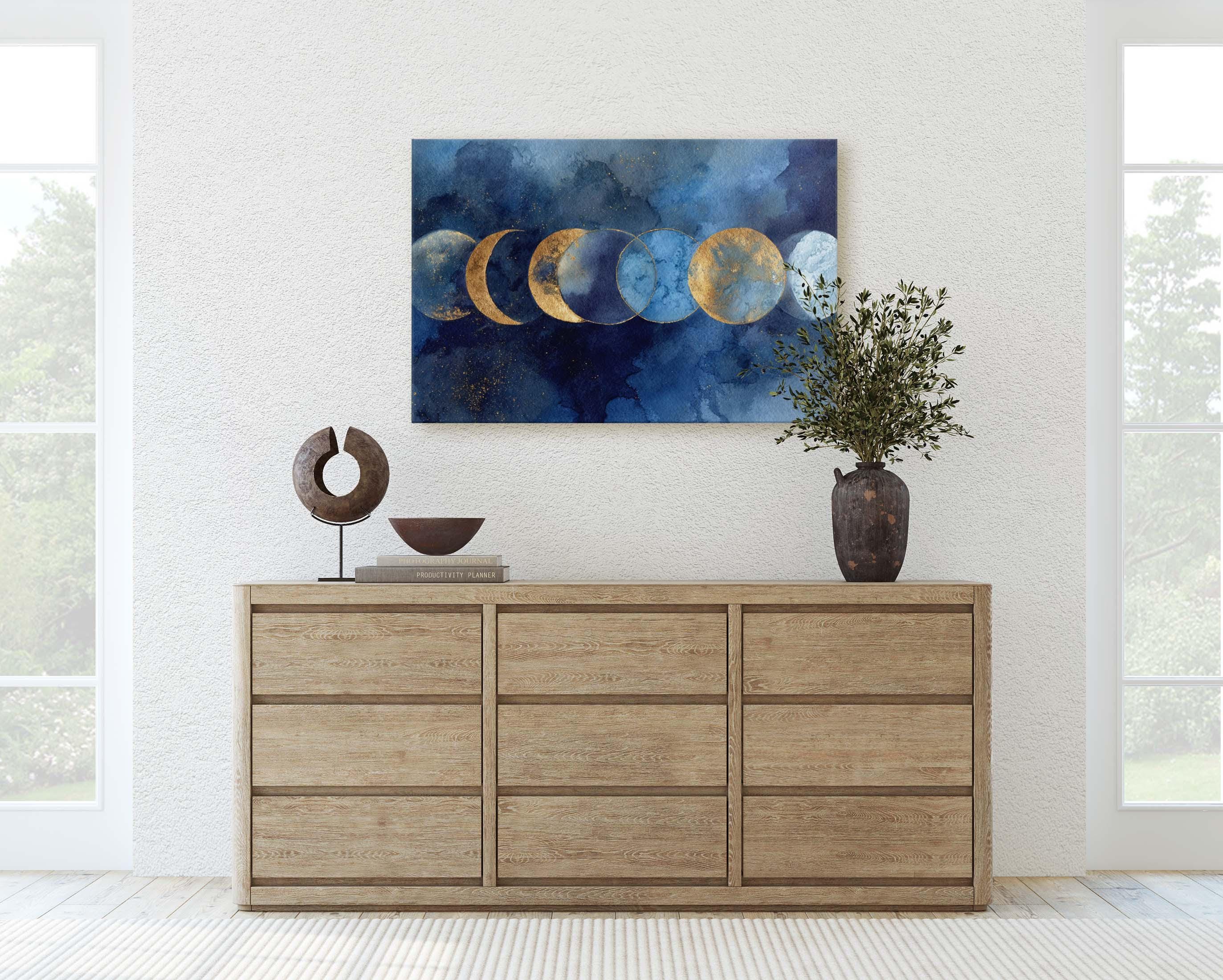 Blue and Gold Moon Phases Canvas Print, Abstract Celestial Art ...