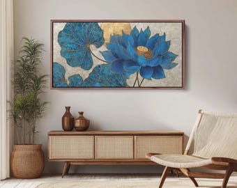 Gold and Blue Lotus Flower Canvas Print - Spiritual Zen Wall Decor