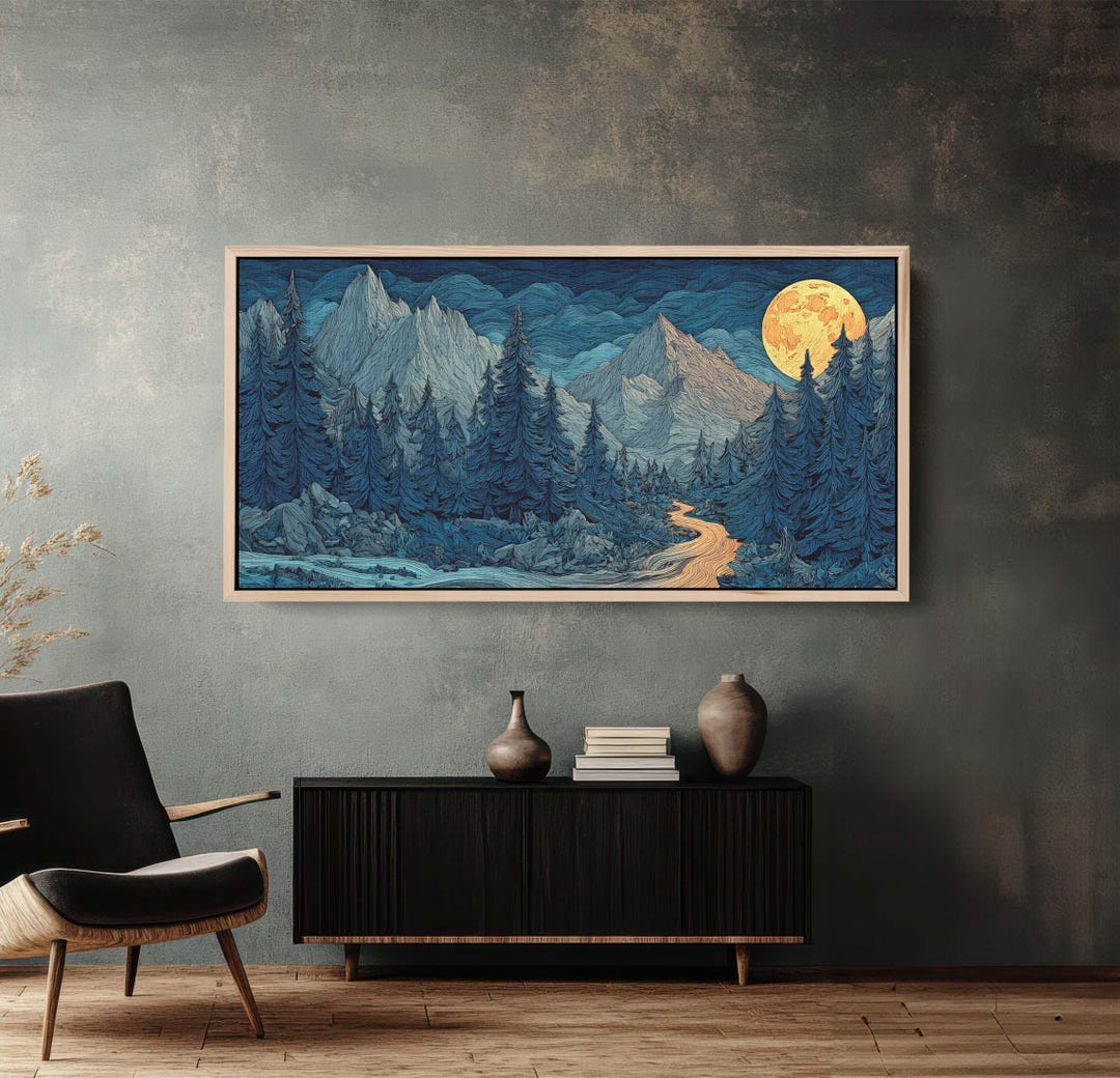 Blue Linocut Style Mountain Forest Canvas Print, Full Moon Nature Wall ...