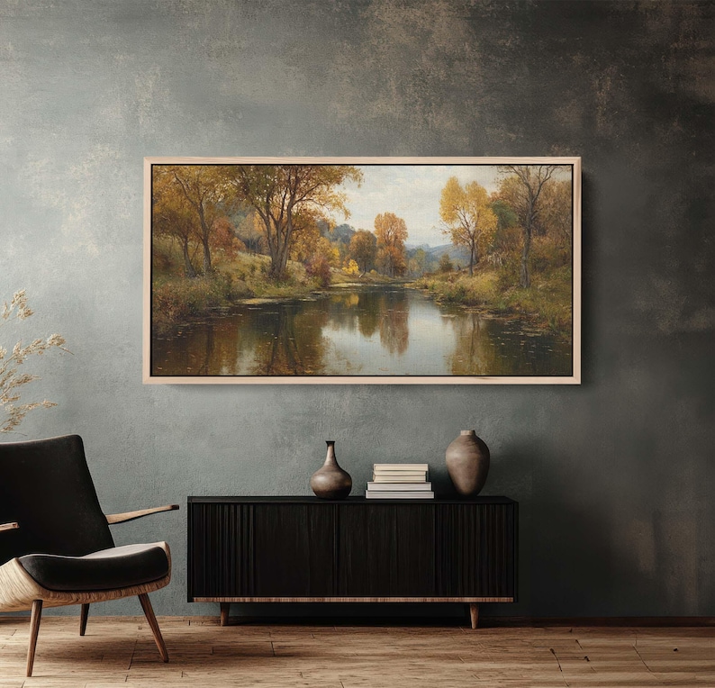 Autumn River Oil Painting Canvas, Rustic Fall Landscape, Farmhouse ...
