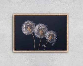Gold and Silver Dandelion Canvas Print, Dark Floral Wall Art, Modern Botanical Decor