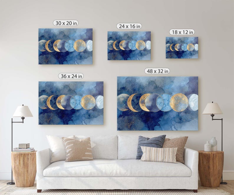 Blue and Gold Moon Phases Canvas Print, Abstract Celestial Art ...