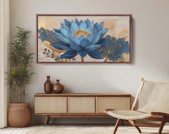 Blue Lotus with Gold Accents Canvas Print - Elegant Floral Wall Decor