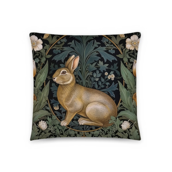 William Morris Inspired Rabbit Pillow, Cottagecore, Forestcore, Woodland Cushion