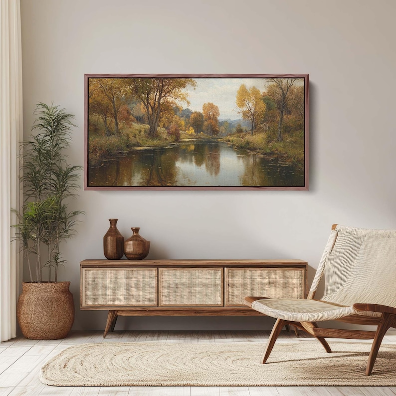 Autumn River Oil Painting Canvas, Rustic Fall Landscape, Farmhouse ...