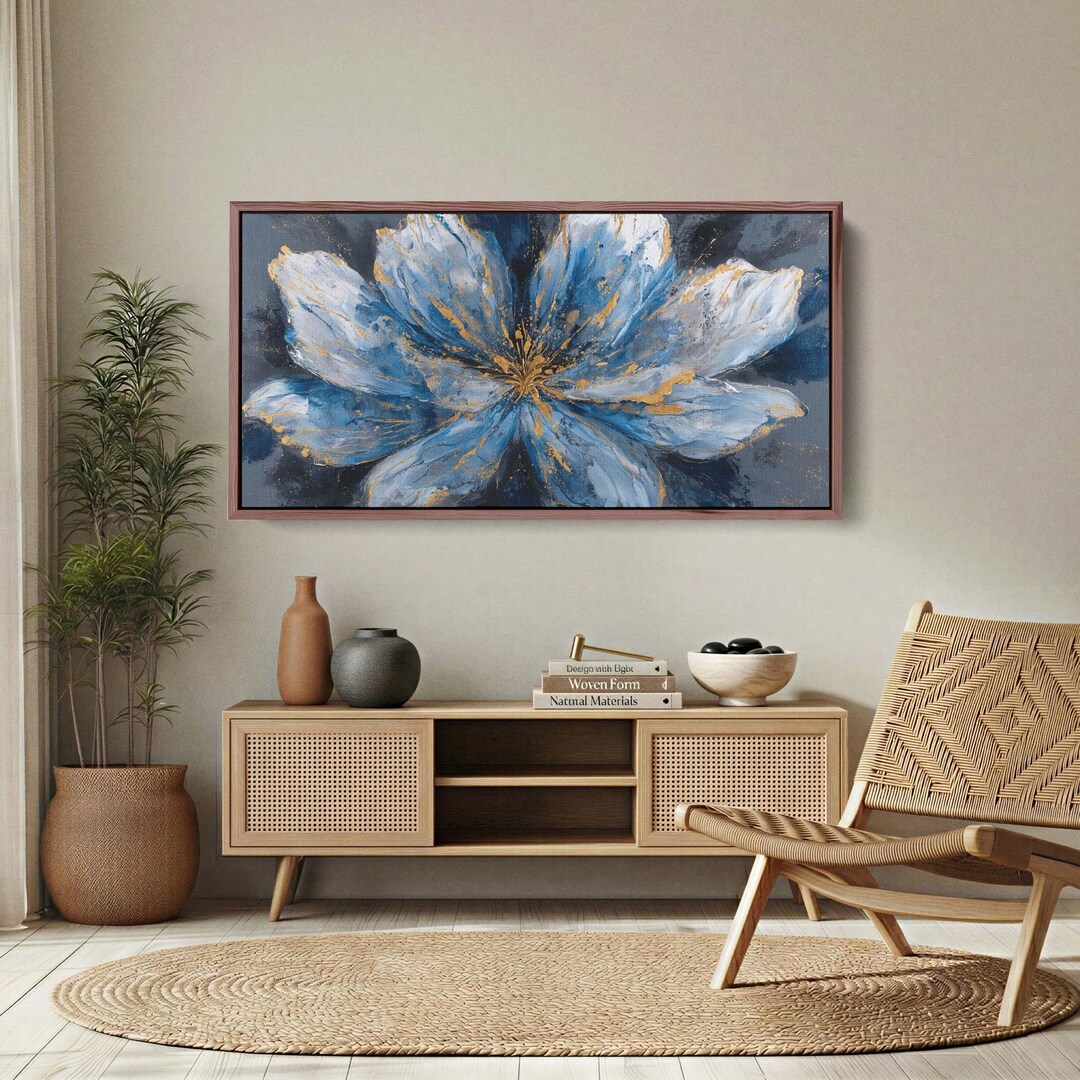 Abstract Blue and White Flower Canvas Print Gold Splatter Art - Etsy