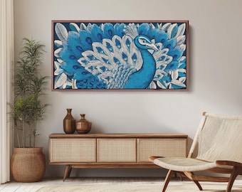 Blue Woodcut Peacock Canvas Print, Intricate Bird Illustration, Stylized Nature Wall Art