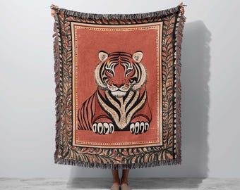 Tiger Blanket, Jacquard Woven, Tiger Folk Art, Tiger Woven Blanket, Tiger Tapestry