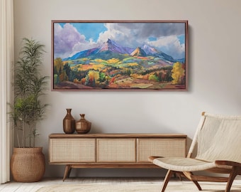 Colorful Autumn Mountains Watercolor Canvas Print, Vibrant Fall Landscape