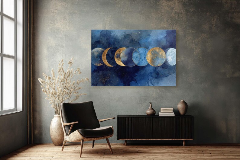 Blue and Gold Moon Phases Canvas Print, Abstract Celestial Art ...
