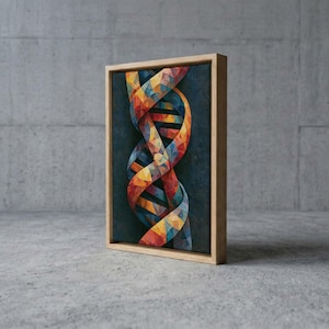 May include: A rectangular canvas print in a light wood frame featuring a vertical, double-helix DNA structure composed of multicolored geometric triangles in shades of red, orange, yellow, and blue against a dark, textured charcoal background.
