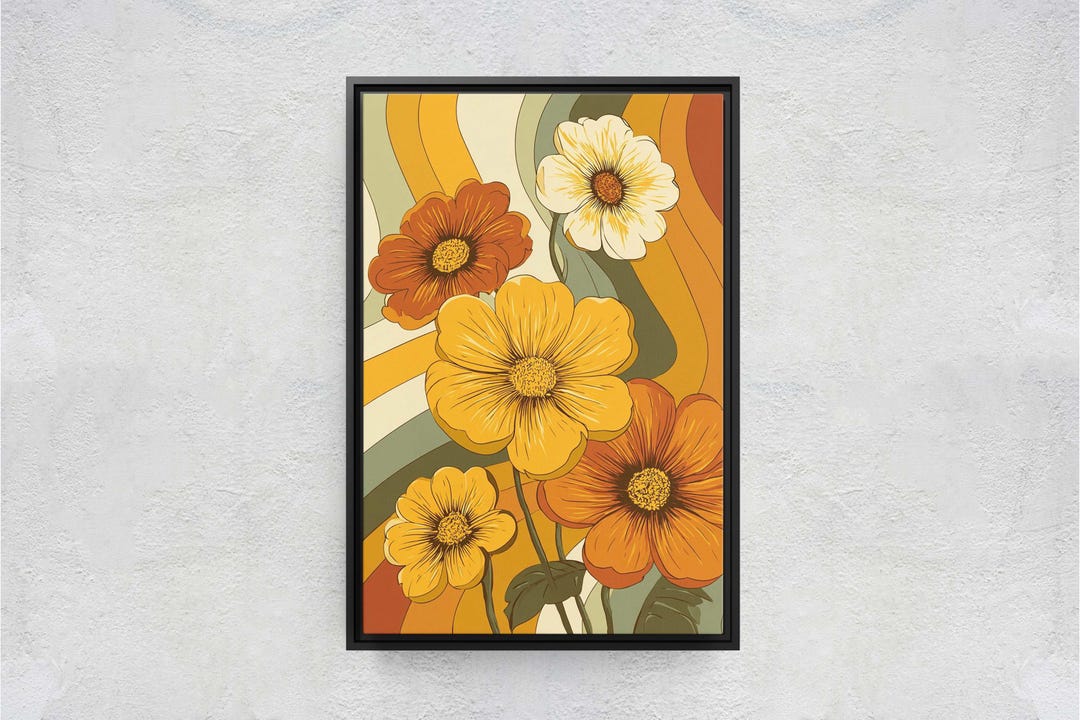 Retro 70s Flower Power Canvas Print, Groovy Yellow and Orange Floral ...