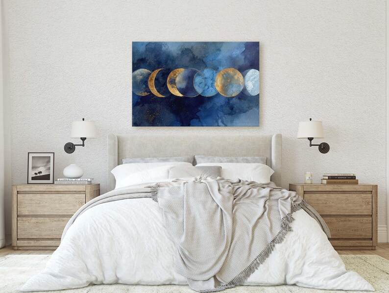 Blue and Gold Moon Phases Canvas Print, Abstract Celestial Art ...