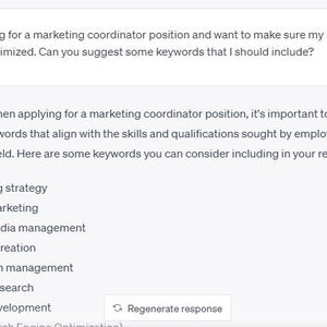 May include: A list of keywords to include on a resume for a marketing coordinator position. The keywords include marketing strategy, digital marketing, social media management, content creation, campaign management, market research, and brand development.