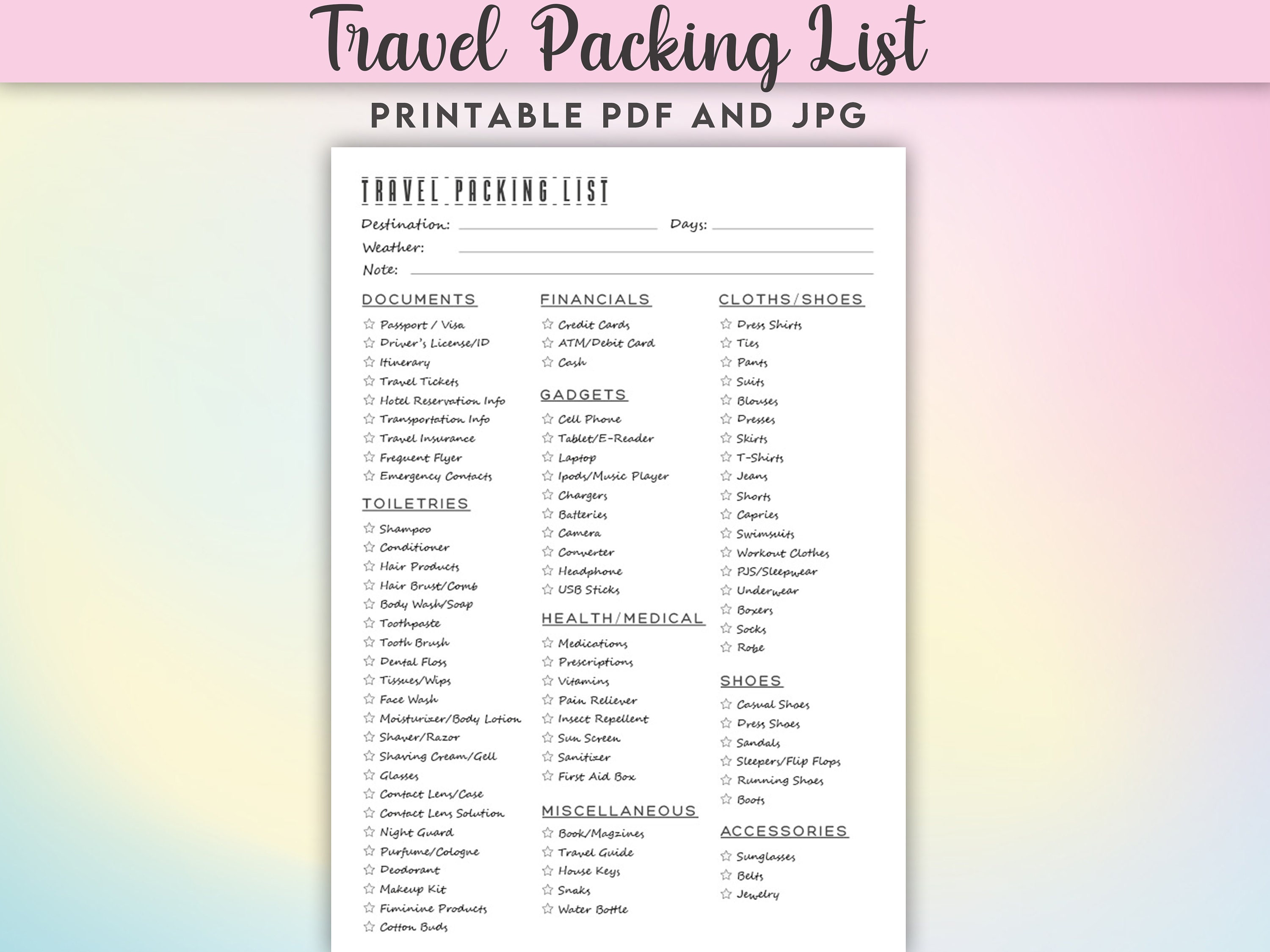 Printable Travel Packing List, Travel Packing List Printable, Packing ...