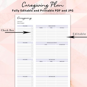 Editable Care Giving Caregiver Daily Task, Editable Caregiving Plan, Caregiving template, Caregiving Elderly Care Checklist, Caregiver