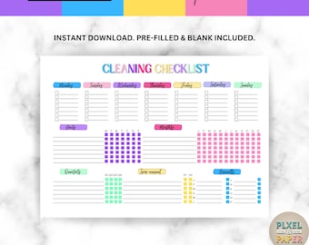 May include: A printable cleaning checklist with a colorful rainbow design. The checklist includes sections for daily, weekly, monthly, quarterly, semi-annual, and annual tasks. The checklist is editable and can be used in Canva.