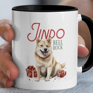 Divertida taza navideña con diseño de perro, dibujo animado de Jindo Bell Rock, bonito regalo navideño para amantes de los perros, 11 oz 15 oz Accent Camping