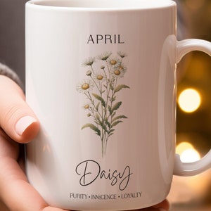 April Daisy Flower Mug: White Ceramic Coffee Mug