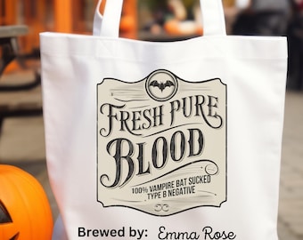 Vampire Bat Blood Tote Bag, Customizable Gothic Halloween Tote, Spooky Vampire Bag, Witchy Potion Tote, Unique Halloween Grocery Bag.