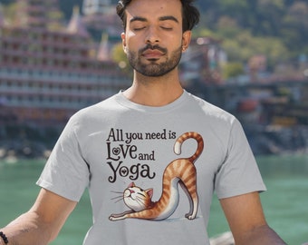 All You Need Is Love and Yoga T-Shirt, Cute Cat Stretching Pose Tee, Funny Yoga Cat Shirt, Yoga Lover’s Gift, Relaxing Cat Yoga Top.