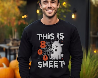 To jest Boo Sheet, zabawna bluza z okrągłym dekoltem, uroczy sweter na Halloween, idealny prezent na Halloween, koszulka na imprezę Halloween, sweter Spooky Vibes.