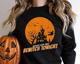 Bluza Bewitch Tonight Halloween: Grafika z latającą wiedźmą, unisexowa odzież jesienna