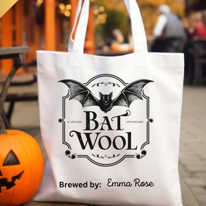 Vintage Apothecary Bat Tote Bag, Customizable Halloween Gothic Wool Tote, Black and White Witchcraft Bag, Personalized Spooky Witch Tote.