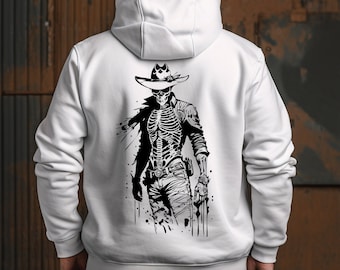 Skelettformad cowboyhuvtröja: Unisex Halloween western revolverman