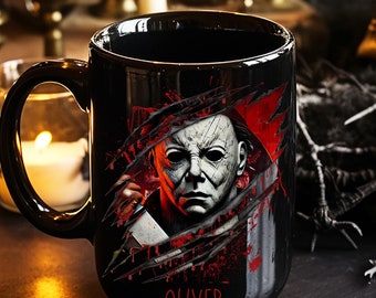 Personalized Horror Slasher Mug, Michael Mask Artwork, Unique Halloween Coffee Mug, Scary Movie Lover Gift, Customizable Mug, Camping Mug.