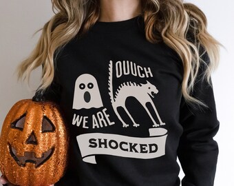 Zabawna bluza z nadrukiem "Duch Kot" na Halloween: "Jesteśmy w szoku" z okrągłym dekoltem