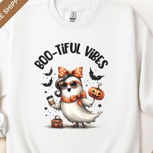 Boo-tiful Vibes Sweatshirt, Cute Stylish Ghost Shirt, Pumpkin and Coffee Design, Fun Fall Sweater, Cozy Halloween Gift for Ghost Lovers.