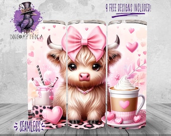 Tumbler Wrap Png, 20oz Valentines Day Tumbler Design, Highland Cow Sublimation Design, Seamless Coffee Pink Coquette Valentine Gift Idea