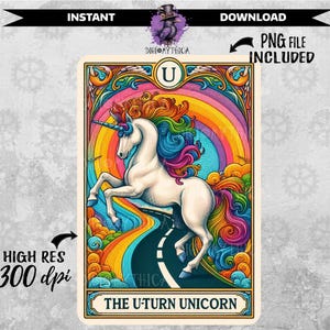 U Turn Unicorn Tarot Card PNG-bestand, Tarotkaarten PNG-sublimatie downloaden, Oracle grappig ontwerp voor trending shirts draagtassen, stickers en meer