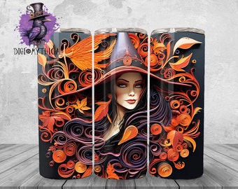 3D Halloween Tumbler Wrap Png, 20 oz Witchy Vibes Tumbler Background Design, Witch Sublimation Graphics, Quilled Paper Instant Download
