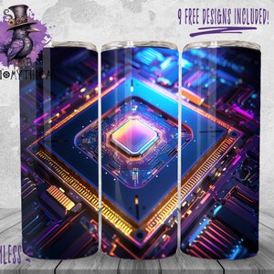 Könnte beinhalten: Ein nahtloses Sublimationsdesign mit einer Nahaufnahme einer Leiterplatte mit einem zentralen Prozessorchip. Das Design ist in Blautönen, Lila und Orange.