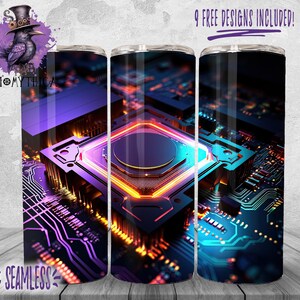 May include: A set of three stainless steel tumblers featuring a colourful abstract design of a circuit board. The design incorporates bright blue, purple and orange colours.