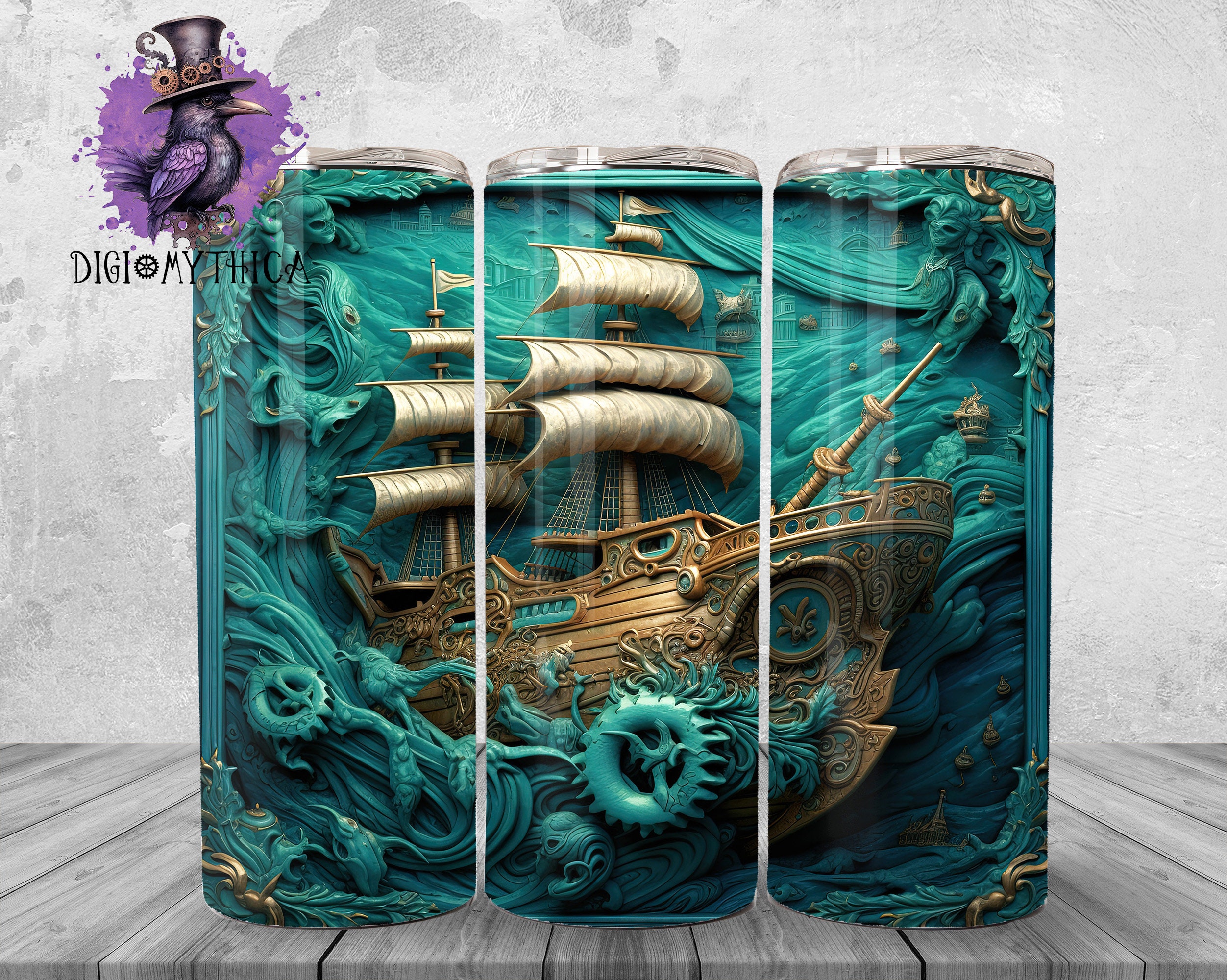 3D Steampunk Ship Tumbler Wrap Png, 20oz Nautical Tumbler Background Design, Pirate Ship Sublimation Graphics, Water Digital Download