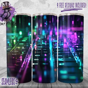 May include: Three stainless steel insulated tumblers with a vibrant, abstract design in shades of green, blue, and purple. The tumblers feature the text "9 FREE DESIGNS INCLUDED!" and "SEAMLESS". A logo with a raven wearing a top hat is also visible.