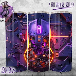 May include: A set of three stainless steel tumblers featuring a colourful abstract design with a glowing circuit board and a purple and orange mouse. The design is seamless and wraps around the entire tumbler.