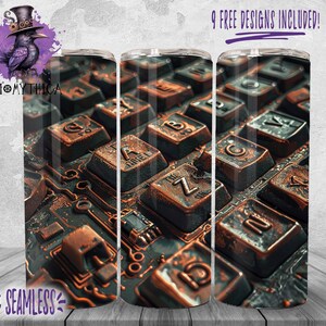 May include: A sublimation design featuring a close-up of a vintage keyboard with copper keys and a circuit board background. The design is seamless and can be used for various projects, such as tumblers, mugs, and phone cases.