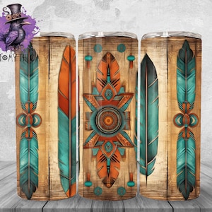 May include: Three stainless steel tumblers with a wood grain background and a turquoise and orange feather design.