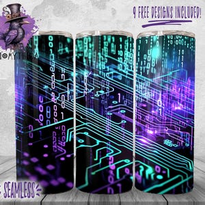 May include: A set of four sublimation tumblers featuring a seamless design of purple and blue digital circuit board patterns on a black background. The design includes the text "01" and "1000".