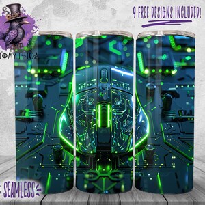 May include: A green and black tumbler featuring a design of a computer mouse and circuit board. The design is seamless and wraps around the entire tumbler.