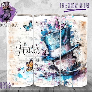 Mad Hatter Tumbler Wrap Png, 20 oz Alicia en el País de las Maravillas Diseño de fondo del vaso, Gráficos de sublimación de cuento de hadas, Descarga digital de sombrero de copa
