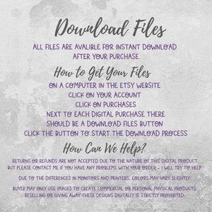 Puede incluir: Texto sobre un fondo blanco con textura gris. El texto dice "Descargar archivos" y explica c&oacute;mo descargar archivos digitales de Etsy. El texto tambi&eacute;n incluye informaci&oacute;n sobre devoluciones y reembolsos.