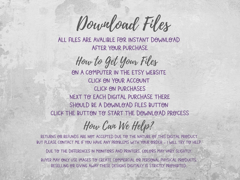 Puede incluir: Texto sobre un fondo blanco con textura gris. El texto dice "Descargar archivos" y explica c&oacute;mo descargar archivos digitales de Etsy. El texto tambi&eacute;n incluye informaci&oacute;n sobre devoluciones y reembolsos.