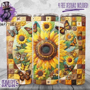 Op de afbeelding: Een naadloos patroon van zonnebloemen, vlinders en patchwork stof in tinten geel, bruin en blauw. Het patroon is ontworpen voor een 20 oz tumbler.